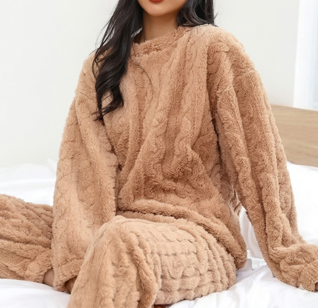 Soft Coral Velvet Jacquard Warm Pajama Set
